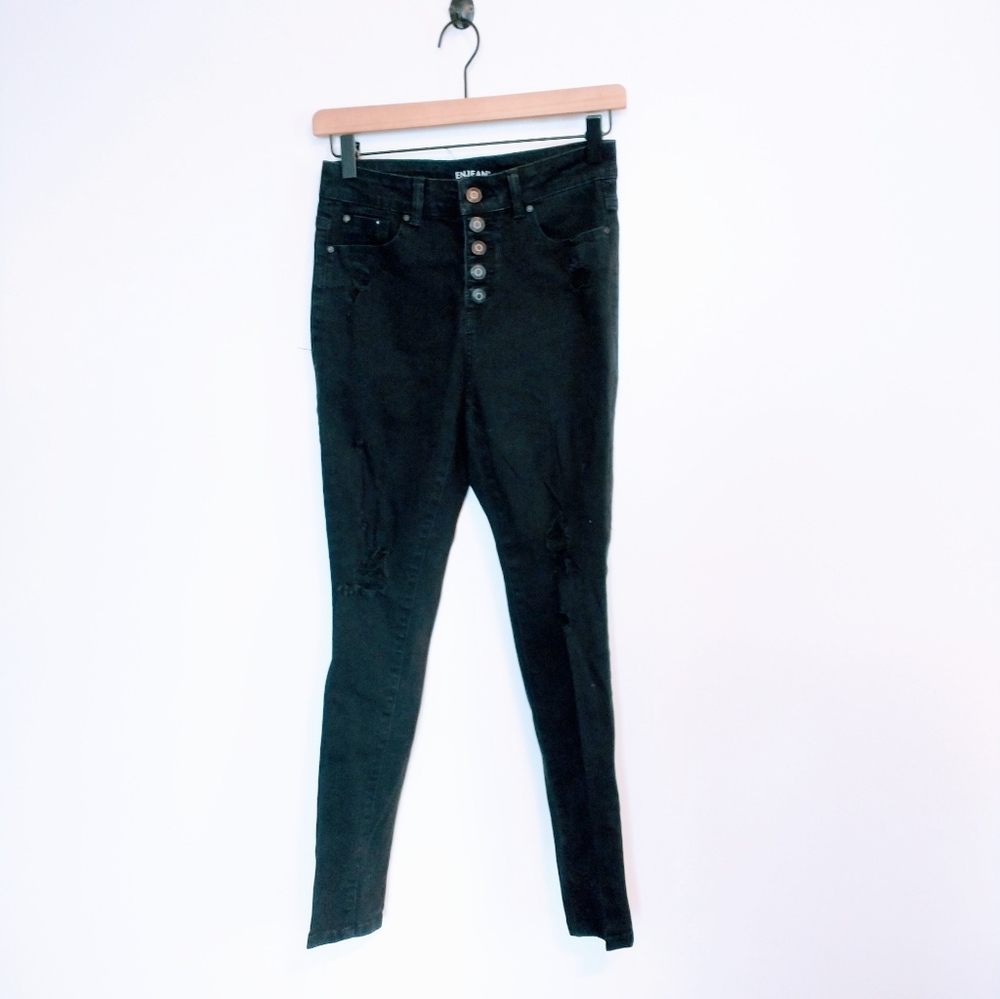 Enjean black skinny jeans with distressed front and button up fly size 5